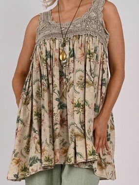 Boho Crochet Yoke Floral Swing Tunic - Beige Green